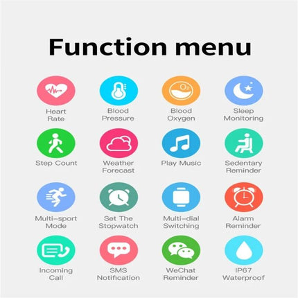 Daily smart watch for tracking health during routines showing function menu icons for heart rate, blood pressure, blood oxygen, sleep, step count and reminders