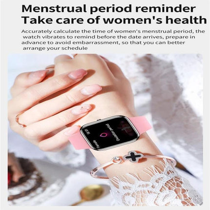 Daily smart watch for tracking health during routines on wrist showing menstrual period reminder and health metrics