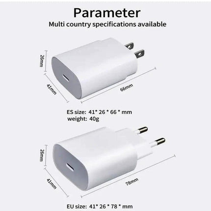 Compact USB-C Wall Charger for Samsung Phones in Daily Life - white 25W PD3.0/PPS charger shown with US and EU plug dimensions for travel and daily use