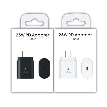 Compact USB-C Wall Charger for Samsung Phones in Daily Life - 25W PD Adapter USB-C in black and white packaging showing compact plug and port