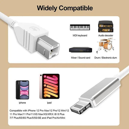 MIDI Cable for iPhone Music Sessions at Home or Travel — white Lightning to MIDI adapter for iPhone and iPad, home and travel music setup