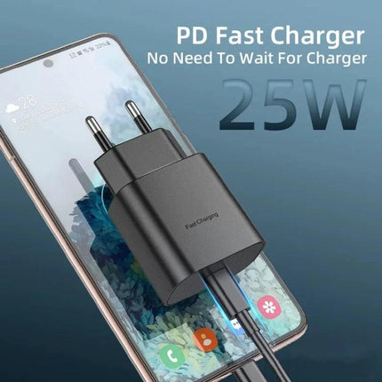 Compact EU Plug Charger for Everyday Samsung Device Use shown plugged into a Samsung phone, 25W PD fast charging adapter for travel and work