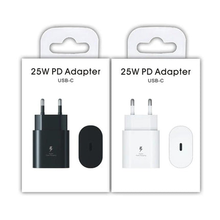 Compact EU Plug Charger for Everyday Samsung Device Use - 25W PD USB-C adapter, black and white retail packaging