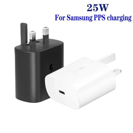 Versatile UK Plug Charger for Samsung Devices and Everyday Use - 25W PPS USB‑C charger in black and white for reliable fast charging