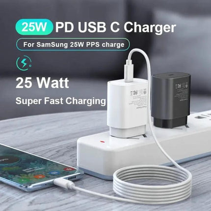 Versatile UK Plug Charger for Samsung Devices and Everyday Use white 25W PD USB C charger shown charging phone on power strip