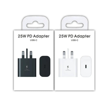 Versatile UK Plug Charger for Samsung Devices and Everyday Use — 25W PD USB-C adapter in black and white packs, supports Samsung PPS fast charging