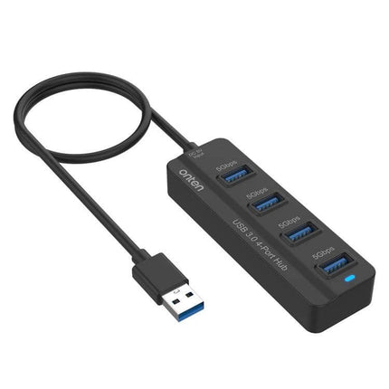 Onten 4-Port USB 3.0 Hub for Device Connections and Charging - compact black USB hub with four blue USB 3.0 ports and attached cable