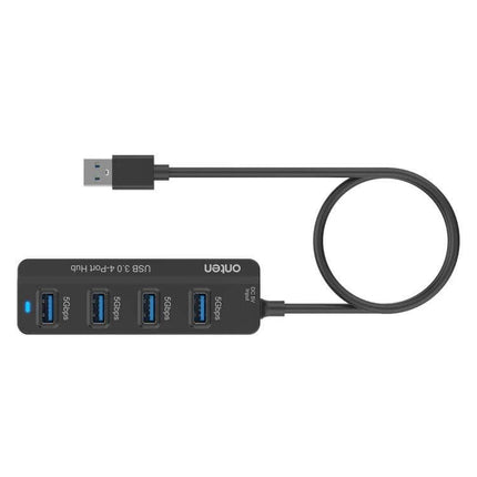 Onten 4-Port USB 3.0 Hub for Device Connections and Charging - compact black USB hub with 4 blue-lined ports and attached cable