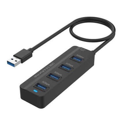 Onten 4-Port USB 3.0 Hub for Device Connections and Charging - compact black USB hub with four blue USB 3.0 ports and attached cable