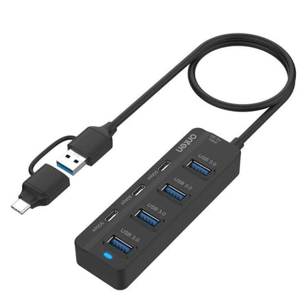 Onten 7-Port USB Hub for Connecting Multiple Devices Daily - black USB-C and USB-A hub with four USB 3.0 ports and three passthrough ports