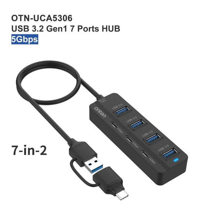 Onten 7-Port USB Hub for Connecting Multiple Devices Daily black 7-port USB 3.2 hub with USB-C and USB-A cables