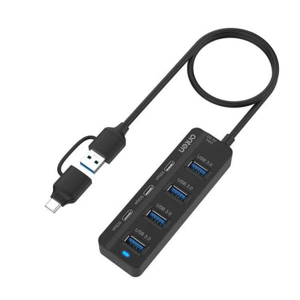 Onten 7-Port USB Hub for Connecting Multiple Devices Daily - compact black hub with 3 USB-C and 4 USB-A ports and detachable cable
