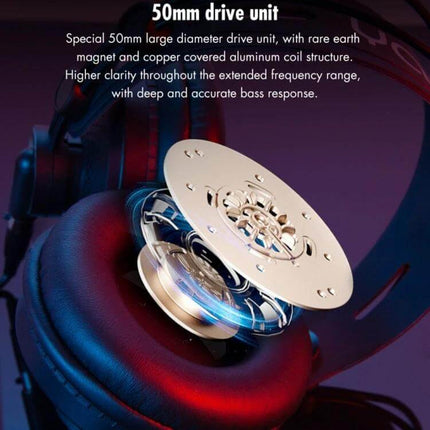 Yanmai Foldable Over Ear Headphones For Comfortable Travel Use showing 50mm drive unit exploded view and cushioned earpad
