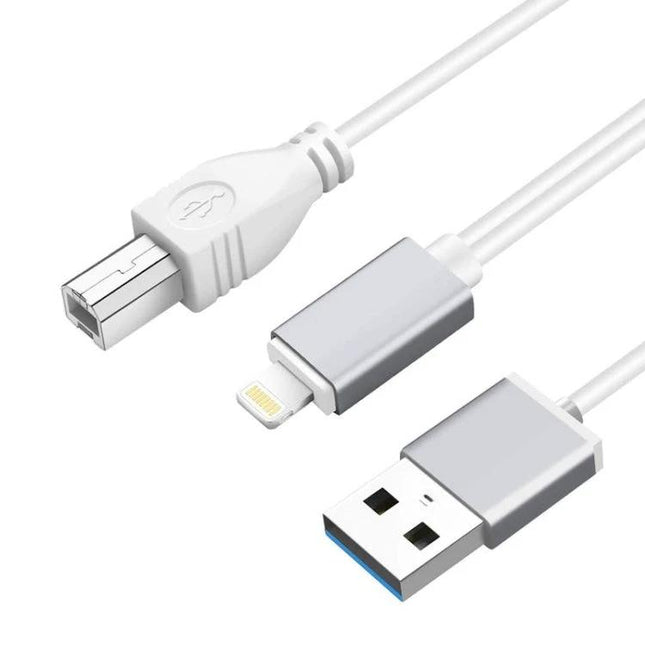 Versatile Cable for iOS Music Enthusiasts During Practice Sessions connecting iOS lightning to USB and MIDI for charging and practice
