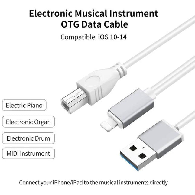 Versatile Cable for iOS Music Enthusiasts During Practice Sessions — OTG to MIDI cable connecting iPhone/iPad to keyboards and drums while charging