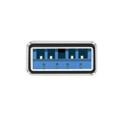 USB-C to USB Adapter for Connecting and Transferring Data showing close-up of USB-A port interior, plug-and-play data transfer and charging