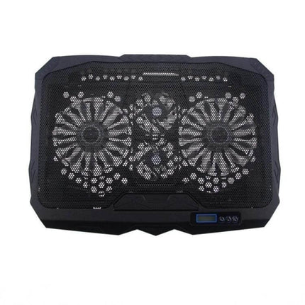 Foldable Aluminum Cooling Pad for Gaming Laptops with Four Fans shown supporting up to 17-inch laptops with two 14cm and two 7cm fans