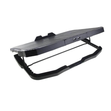 Foldable Aluminum Cooling Pad for Gaming Laptops with Four Fans shown folded with USB ports and adjustable stand