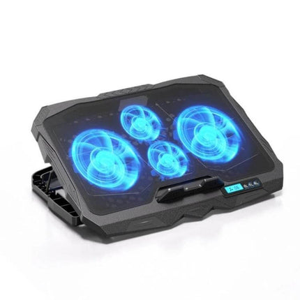 Foldable Aluminum Cooling Pad for Gaming Laptops with Four Fans showing four LED fans, foldable aluminum frame and digital display