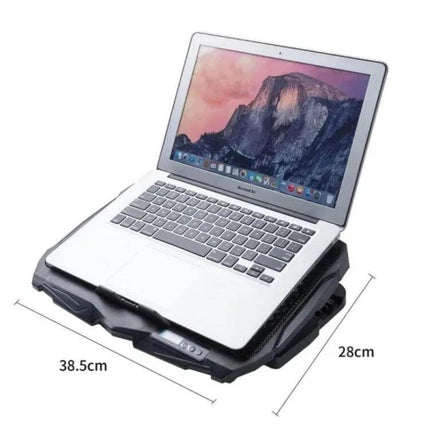 Foldable Aluminum Cooling Pad for Gaming Laptops with Four Fans shown supporting 15–17" laptop, four fans visible, foldable aluminum design