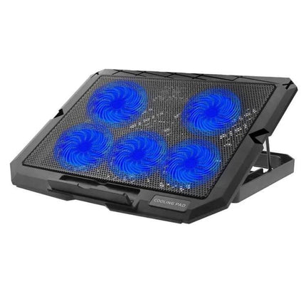 Ergonomic Adjustable Height Laptop Cooling Stand with Fans showing five blue LED fans on adjustable angled mesh cooling pad