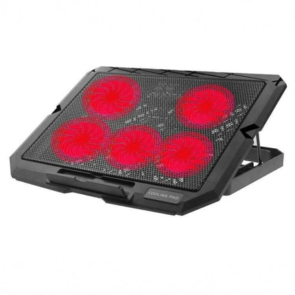 Ergonomic Adjustable Height Laptop Cooling Stand with Fans showing black mesh pad and five red LED cooling fans, angled adjustable support