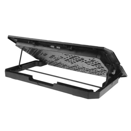 Ergonomic Adjustable Height Laptop Cooling Stand with Fans, foldable black stand with built-in cooling fans and adjustable angle for laptops