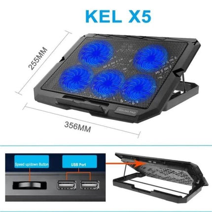 Ergonomic Adjustable Height Laptop Cooling Stand with Fans black mesh cooling pad with five blue fans, adjustable angle and USB ports