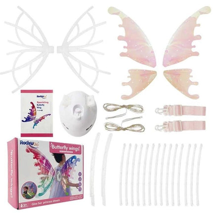Rockwoo Butterfly Elf Wings for Kids' Parties and Role-Play - pink glitter fairy wings set with harness, LED lights, straps and packaging