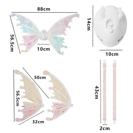 Rockwoo Butterfly Elf Wings for Kids' Parties and Role-Play - iridescent butterfly elf wings set with measurements, harness, and adjustable straps