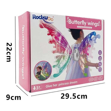 Rockwoo Butterfly Elf Wings for Kids' Parties and Role-Play colorful light-up butterfly wings in product box for dress-up and birthday fun