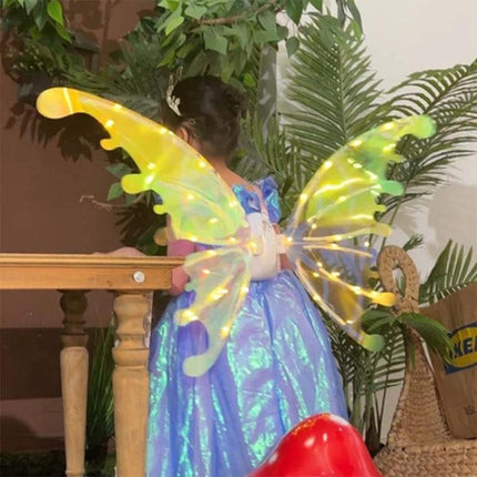 Rockwoo Butterfly Elf Wings for Kids' Parties and Role-Play glowing yellow fairy wings on child in blue dress