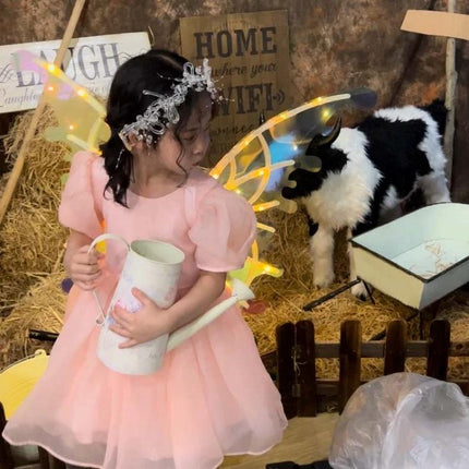 Rockwoo Butterfly Elf Wings for Kids' Parties and Role-Play - child in pink dress wearing lit fairy wings at a farm-themed party