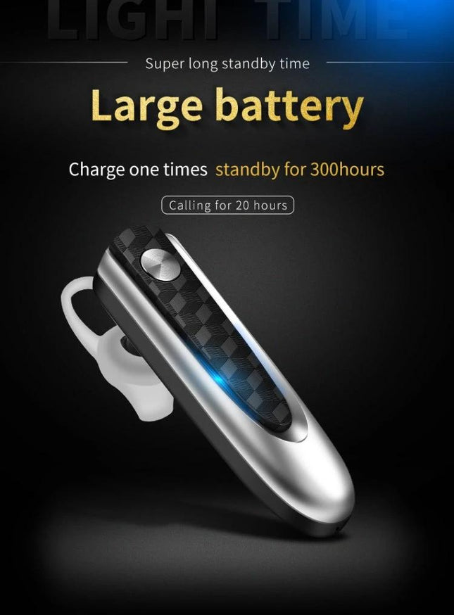 Fineblue Compact Bluetooth Earbud For Commuting And Hands Free Calls black single-ear design showing large battery and long standby