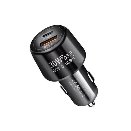 Car Charger Dual USB For Phones And Tablets On-The-Go – black 48W dual-port car charger with PD3.0 30W USB-C and QC3.0 USB-A for phones and tablets