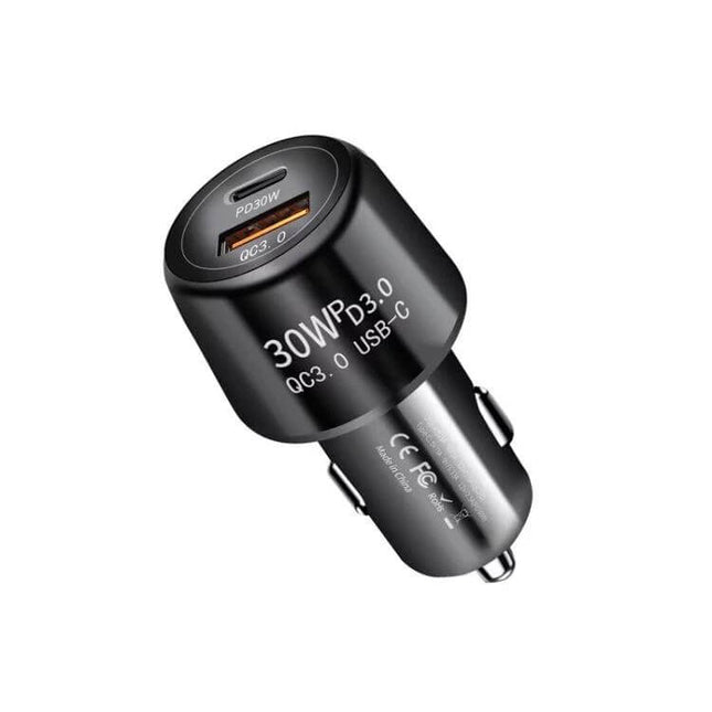 Car Charger Dual USB For Phones And Tablets On-The-Go – black 48W dual-port car charger with PD3.0 30W USB-C and QC3.0 USB-A for phones and tablets
