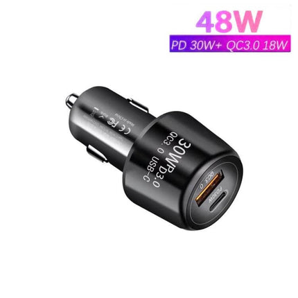 Car Charger Dual USB For Phones And Tablets On-The-Go compact 48W car adapter with PD3.0 30W and QC3.0 18W for phones and tablets