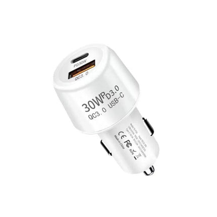 Car Charger Dual USB For Phones And Tablets On-The-Go white dual-port car charger with PD3.0 30W USB-C and QC3.0 USB-A, compact for road trips