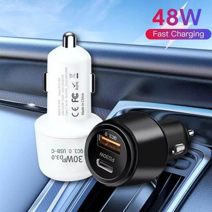Car Charger Dual USB For Phones And Tablets On-The-Go - 48W dual-port PD3.0 QC3.0 car charger (30W PD + 18W QC) compact white and black