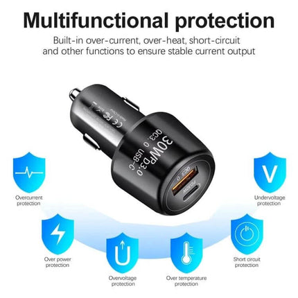 Car Charger Dual USB For Phones And Tablets On-The-Go - black dual-port 30W PD3.0 + QC3.0 car charger with multifunctional protection