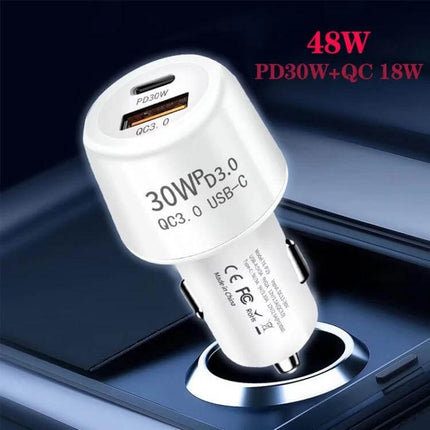 Car Charger Dual USB For Phones And Tablets On-The-Go white dual-port car charger with PD3.0 30W USB-C and QC3.0 port, compact 48W car adapter