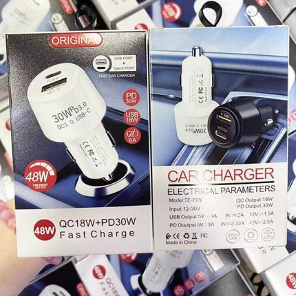 Car Charger Dual USB For Phones And Tablets On-The-Go with dual PD3.0 30W and QC3.0 18W fast charging, compact 48W car adapter