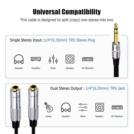 JUNSUNMAY Audio Adapter for Everyday Home Music Links - 6.35mm TRS stereo splitter cable connecting amplifier to dual headphone/speaker outputs