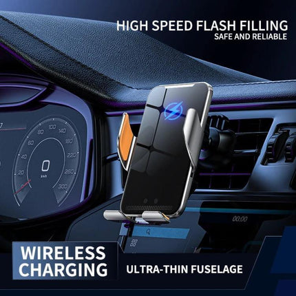 Car Wireless Charger Phone Holder With Auto Clamp Gray mounted on car vent showing wireless charging and auto-clamp hands-free hold