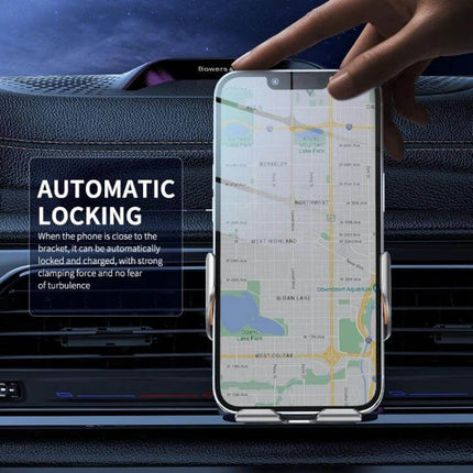 Car Wireless Charger Phone Holder With Auto Clamp Gray mounted on car vent showing automatic locking and touch release while charging phone