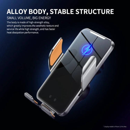 Car Wireless Charger Phone Holder With Auto Clamp Gray showing alloy-body auto-clamp wireless car mount holding a phone