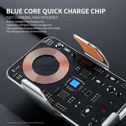 Car Wireless Charger Phone Holder With Auto Clamp Gray showing internal wireless coil and auto-clamp sensor for hands-free charging