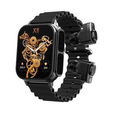 A Smart Watch for Everyday Health and Activity Tracking with black band and mechanical gear watchface, sleep and step monitoring features