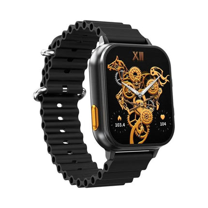 A Smart Watch for Everyday Health and Activity Tracking - black fitness smartwatch with gear-themed watch face and silicone strap