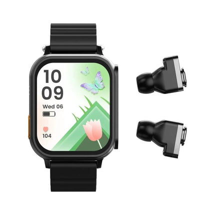 A Smart Watch for Everyday Health and Activity Tracking with black strap showing time, heart rate, sleep icon and paired wireless earbuds